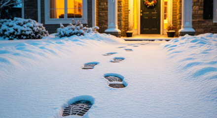Santa footprints in the snow leading to the house, Christmas holiday magic and winter wonderland scene