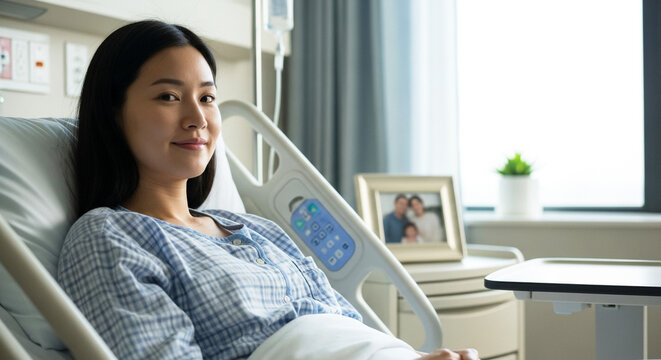 Woman in hospital bed with family photo, patient recovery and family support in healthcare setting