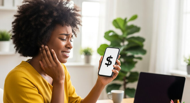Woman checking account balance phone with dollar sign display in bright home office, financial planning and personal budgeting