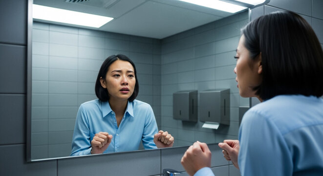 Woman looking in mirror crying, emotional burnout and stress relief in corporate workplace
