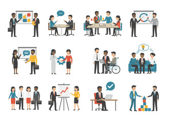 Illustration of male and female office workers engaging in conversation, negotiating, and presenting in a flat, colorful cartoon vector style