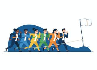 Office employees or clerks poised at the starting line before a race or sprint, depicting business competition or rivalry among coworkers, rendered as a colorful flat cartoon vector illustration