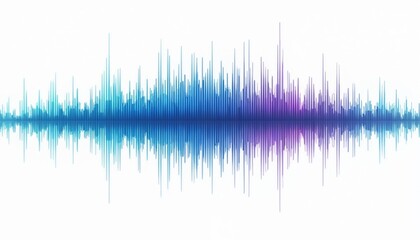 Abstract audio wave spectrum display. Blue and purple bars show sound intensity and frequency. Digital equalizer graphic reflects on white background.