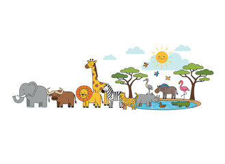 Naklejka premium A flat vector cartoon illustration of a natural savannah landscape featuring animals, reptiles, and birds, with panoramic colorful scenery and exotic wildlife in an African national park