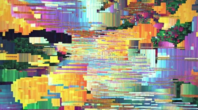 Abstract digital landscape with vibrant pixel sorting and glitch art effects. A colorful representation of corrupted data from a digital file
