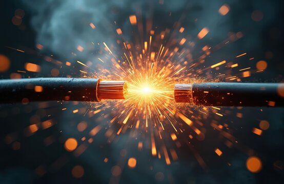 Close-up view of two exposed electrical cables sparking with bright orange light, numerous small fiery particles against dark, smoky background. Wires frayed, appear to overloaded, causing dangerous