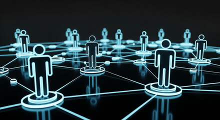 3D render of glowing network nodes shaped like human figures — collaboration through ICT