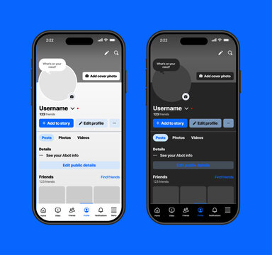 Facebook profile UI mockup in dark and light mode showing cover photo, profile picture, bio, friends, posts, stories, about, photos, and interactive layout vector illustration