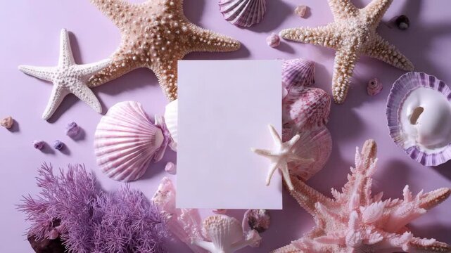 Blank card surrounded by seashells and starfish on lavender background