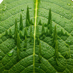 A vibrant green leaf, its surface adorned with a miniature cityscape of verdant peaks and valleys, a fusion of nature and architecture isolated on transparent background