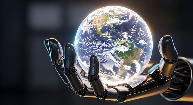 Robotic hand cradling a glowing earth globe showing north and south america continents in detail