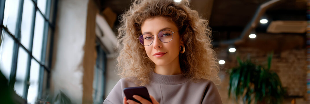Stylish caucasian woman with curly hair and glasses holding a smartphone in a modern cafe with industrial interior design - Powered by Adobe