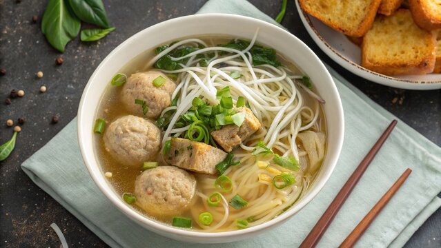 Savory bakso soup with tender meatballs and fresh noodles in a cozy setting