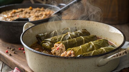 Traditional Balkan sarma steaming in an old enamel pot with rich flavors and rustic charm