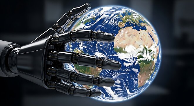 Robotic hand holding a detailed earth globe with continents and oceans against a dark background