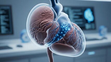 A detailed anatomical model of the human heart with glowing blue energy pulses displayed in a futuristic medical laboratory setting - Powered by Adobe