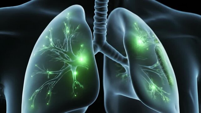 A detailed 3D medical illustration of the human respiratory system and lungs showing internal structures and glowing green elements