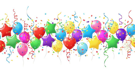 celebration party PNG,  border with colorful flying balloons and confetti on transparent background.