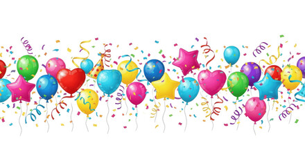 celebration party PNG,  border with colorful flying balloons and confetti on transparent background.