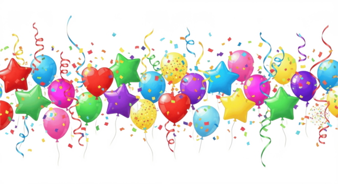 celebration party PNG,  border with colorful flying balloons and confetti on transparent background.