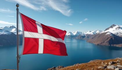 Danish flag waves against dramatic Greenlandic landscape. National symbol stands tall above serene fjord, snow-capped mountains. Image represents sovereignty, Nordic heritage in stunning arctic