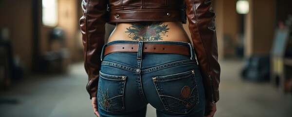 Obraz na płótnie Canvas Back view of tattooed woman wearing leather jacket, blue jeans. Biker girl stands in garage showing lower back tattoo. Cool outfit includes brown belt, embroidered pants. Person shows stylish