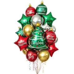 Christmas balloons isolated on white transparent background, PNG, bunch of balloons, colorful balloons