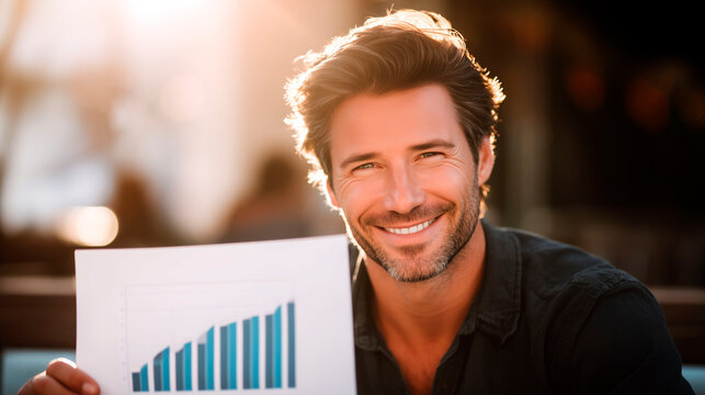 Smiling european man presenting a printed bar chart with positive business growth in warm natural light