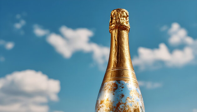 A champagne bottle wrapped in gold foil against a blue sky.