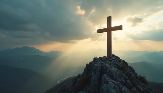 Wooden cross stands atop a mountain peak under dramatic sky. Symbol of faith religious belief and spiritual scene at sunset. Peaceful and scenic view of hope and devotion.