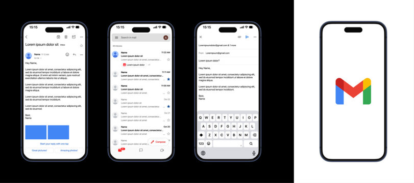 Gmail UI mockup on desktop and mobile showing inbox, compose, drafts, sent, spam, labels, attachments, search bar, starred emails, threads, and modern clean interface vector illustration