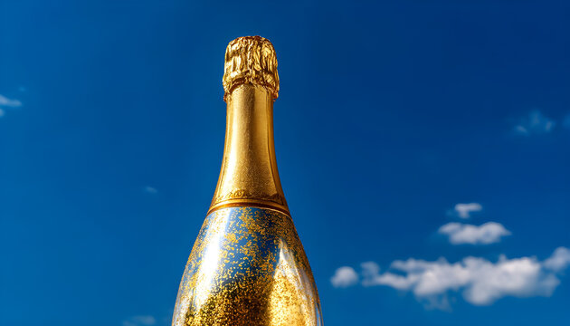 A champagne bottle wrapped in gold foil against a blue sky.