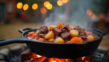 Beef stew with potatoes and carrots simmers in a cast iron pan over an open campfire. Hearty meal cooks outdoors at dusk with warm bokeh lights. Enjoying a rustic dinner party.