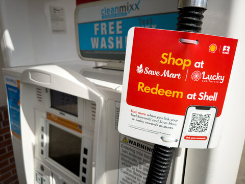 Save Mart and Lucky Rewards Tag on Shell Gas Pump Promotion Sign