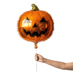 hand holding Halloween balloon on white transparent background, PNG 