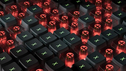 Fototapeta premium Close-up of mechanical keyboard switches with red backlight. Black housings, green “X” markings, and exposed cross-shaped stems reveal intricate internal design.