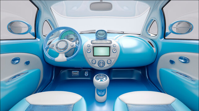 Futuristic blue and white car interior with rounded dashboard design and touchscreen display in a minimalistic concept vehicle