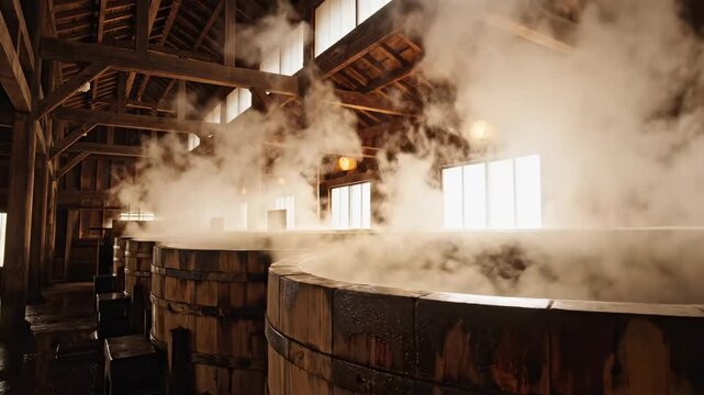 Steaming Wooden Barrels in Traditional Brewery, Atmospheric Scene