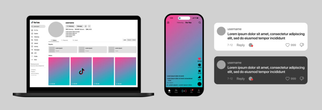 TikTok UI mockup on mobile, iPhone, desktop, and laptop showing profile, reels, comments, likes, share, explore, and modern social layout vector illustration