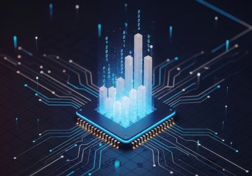 Futuristic AI CPU Microchip Processing Digital Data with Glowing Bar Graphs & Binary Code on Circuit Board – Big Data & Machine Learning
