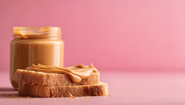 Peanut butter glass jar bread slice creamy texture breakfast snack pink background soft light delicious inviting