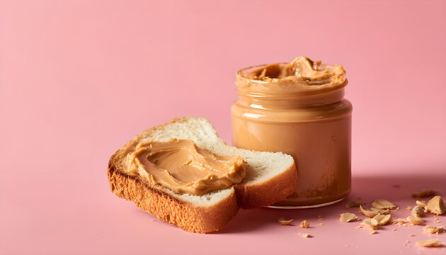 Peanut butter glass jar bread slice creamy texture breakfast snack pink background soft light delicious inviting