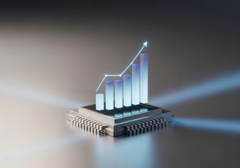 Digital business growth concept with glowing bar chart on a computer chip, symbolizing data analysis, AI, and technological progress.