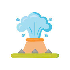 An illustration of a vibrant, active volcano erupting, with an impressive display of water. The volcano is depicted spewing water dramatically into the air