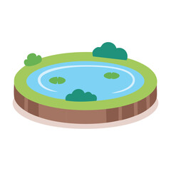 An illustration of a tranquil pond surrounded by lush greenery