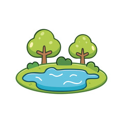 Obraz premium A simple cartoon-style illustration of a pond in a park with two trees. The pond is surrounded by green grass and shrubs