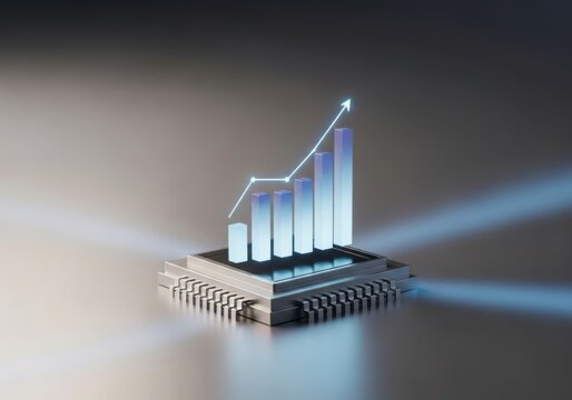 Digital business growth concept with glowing bar chart on a computer chip, symbolizing data analysis, AI, and technological progress. - Powered by Adobe