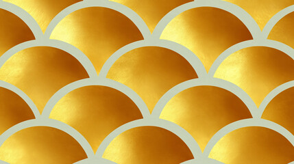 Shimmering Iridescent Gold Metallic Seigaiha Waves and Layered Arcs on a Satin White Background Creating a Luxurious and Elegant Atmosphere