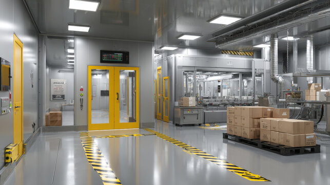 pharmaceutical cleanroom or biotech factory floor, featuring stainless steel machinery, yellow safety doors, warning tape, stacked product boxes. Represents modern industrial production and technology