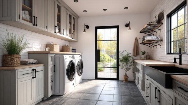 farmhouse style laundry room with gray cabinets, white brick walls, wood counters, and a black farmhouse sink. Features washer and dryer, storage, and a glass door to the yard. Ideal for home design.